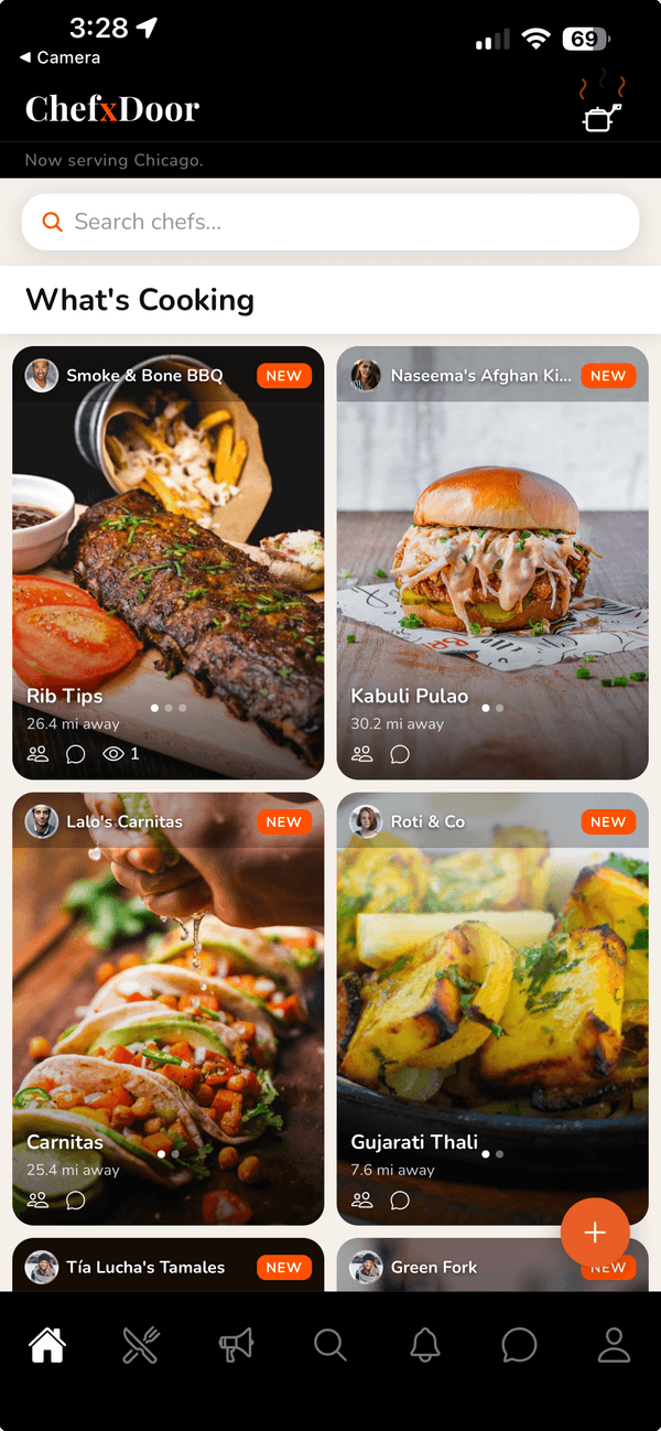 ChefxDoor mobile app — What's Cooking screen showing local home cooks like Smoke and Bone BBQ, Naseema's Afghan Kitchen, Lalo's Carnitas, Roti and Co